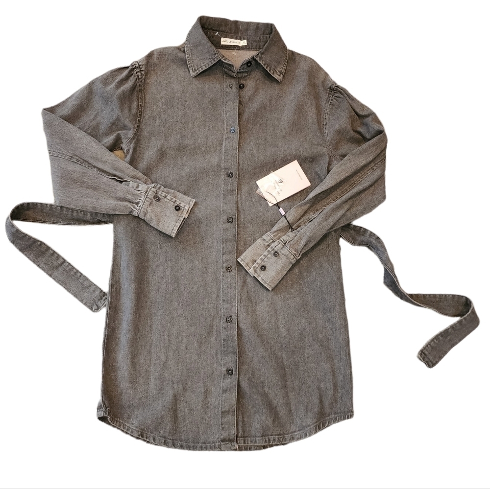 NWT Avec Les Filles Grey Denim Halden Longline Belted Shirt Dress Jacket XS